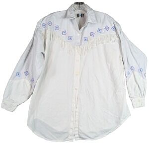 HG NY Womens Button Up Long Sleeve Shirt Embroidered Preppy Cottage Cotton Large